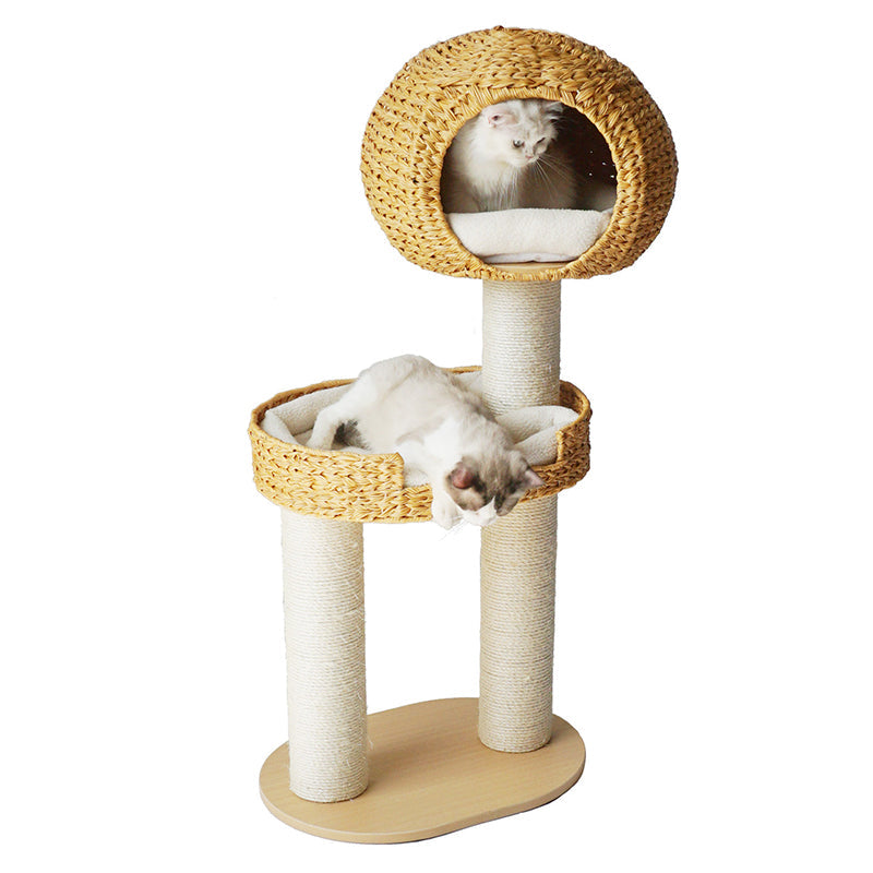 Traditional Farmhouse Round 3-Tier Cat Tree — Solid Wood Panels, PE Faux Rattan, Kraft Paper Rope, Velvet Fabric & Sisal, Multi-Layer Living Room Cat Furniture