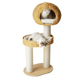 Traditional Farmhouse Round 3-Tier Cat Tree — Solid Wood Panels, PE Faux Rattan, Kraft Paper Rope, Velvet Fabric & Sisal, Multi-Layer Living Room Cat Furniture