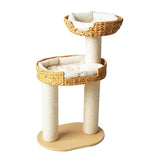 Traditional Farmhouse Round 3-Tier Cat Tree — Solid Wood Panels, PE Faux Rattan, Kraft Paper Rope, Velvet Fabric & Sisal, Multi-Layer Living Room Cat Furniture