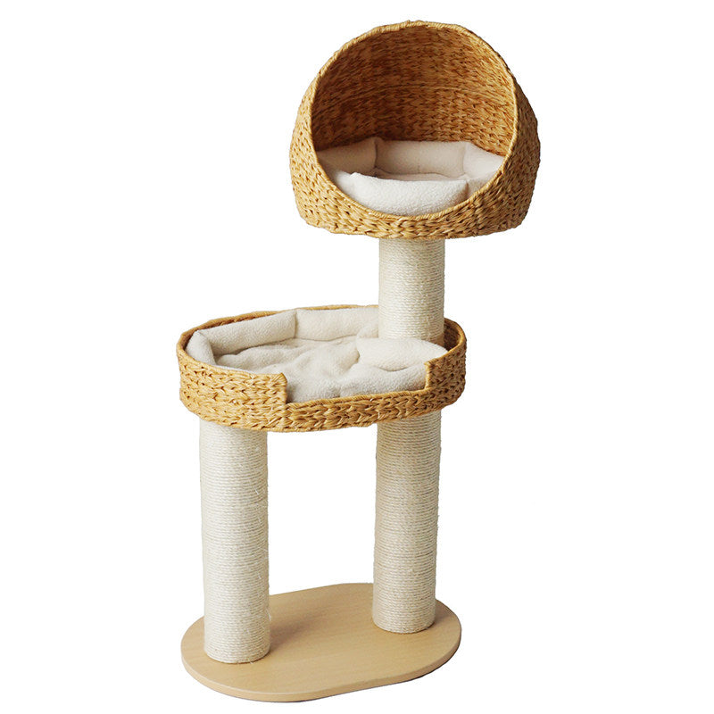 Traditional Farmhouse Round 3-Tier Cat Tree — Solid Wood Panels, PE Faux Rattan, Kraft Paper Rope, Velvet Fabric & Sisal, Multi-Layer Living Room Cat Furniture