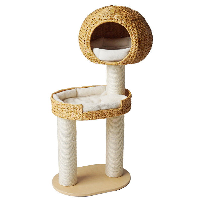 Traditional Farmhouse Round 3-Tier Cat Tree — Solid Wood Panels, PE Faux Rattan, Kraft Paper Rope, Velvet Fabric & Sisal, Multi-Layer Living Room Cat Furniture