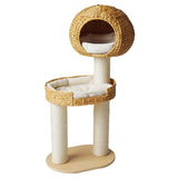 Traditional Farmhouse Round 3-Tier Cat Tree — Solid Wood Panels, PE Faux Rattan, Kraft Paper Rope, Velvet Fabric & Sisal, Multi-Layer Living Room Cat Furniture