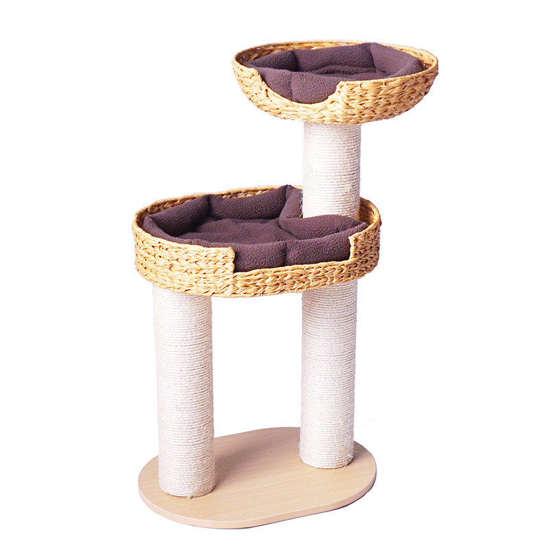 Traditional Farmhouse Round 3-Tier Cat Tree — Solid Wood Panels, PE Faux Rattan, Kraft Paper Rope, Velvet Fabric & Sisal, Multi-Layer Living Room Cat Furniture