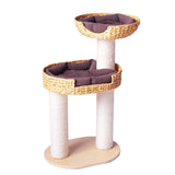 Traditional Farmhouse Round 3-Tier Cat Tree — Solid Wood Panels, PE Faux Rattan, Kraft Paper Rope, Velvet Fabric & Sisal, Multi-Layer Living Room Cat Furniture
