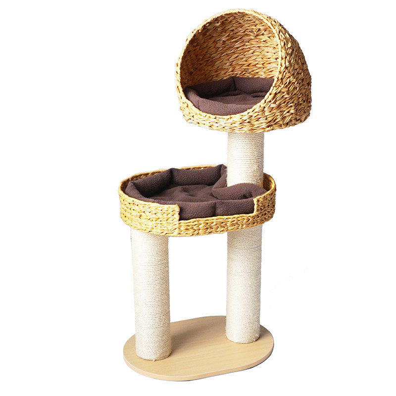 Traditional Farmhouse Round 3-Tier Cat Tree — Solid Wood Panels, PE Faux Rattan, Kraft Paper Rope, Velvet Fabric & Sisal, Multi-Layer Living Room Cat Furniture