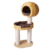 Traditional Farmhouse Round 3-Tier Cat Tree — Solid Wood Panels, PE Faux Rattan, Kraft Paper Rope, Velvet Fabric & Sisal, Multi-Layer Living Room Cat Furniture