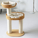 Traditional Farmhouse Round 3-Tier Cat Tree — Solid Wood Panels, PE Faux Rattan, Kraft Paper Rope, Velvet Fabric & Sisal, Multi-Layer Living Room Cat Furniture