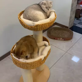 Traditional Farmhouse Round 3-Tier Cat Tree — Solid Wood Panels, PE Faux Rattan, Kraft Paper Rope, Velvet Fabric & Sisal, Multi-Layer Living Room Cat Furniture