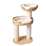 Traditional Farmhouse Round 3-Tier Cat Tree — Solid Wood Panels, PE Faux Rattan, Kraft Paper Rope, Velvet Fabric & Sisal, Multi-Layer Living Room Cat Furniture