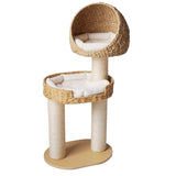 Traditional Farmhouse Round 3-Tier Cat Tree — Solid Wood Panels, PE Faux Rattan, Kraft Paper Rope, Velvet Fabric & Sisal, Multi-Layer Living Room Cat Furniture