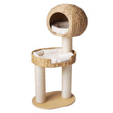 Traditional Farmhouse Round 3-Tier Cat Tree — Solid Wood Panels, PE Faux Rattan, Kraft Paper Rope, Velvet Fabric & Sisal, Multi-Layer Living Room Cat Furniture