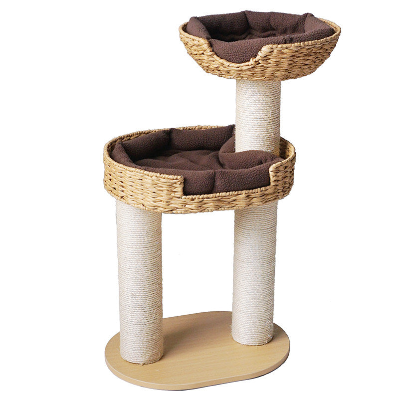 Traditional Farmhouse Round 3-Tier Cat Tree — Solid Wood Panels, PE Faux Rattan, Kraft Paper Rope, Velvet Fabric & Sisal, Multi-Layer Living Room Cat Furniture