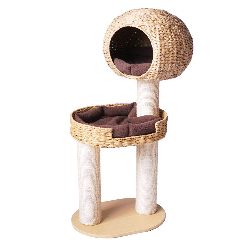 Traditional Farmhouse Round 3-Tier Cat Tree — Solid Wood Panels, PE Faux Rattan, Kraft Paper Rope, Velvet Fabric & Sisal, Multi-Layer Living Room Cat Furniture