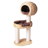 Traditional Farmhouse Round 3-Tier Cat Tree — Solid Wood Panels, PE Faux Rattan, Kraft Paper Rope, Velvet Fabric & Sisal, Multi-Layer Living Room Cat Furniture