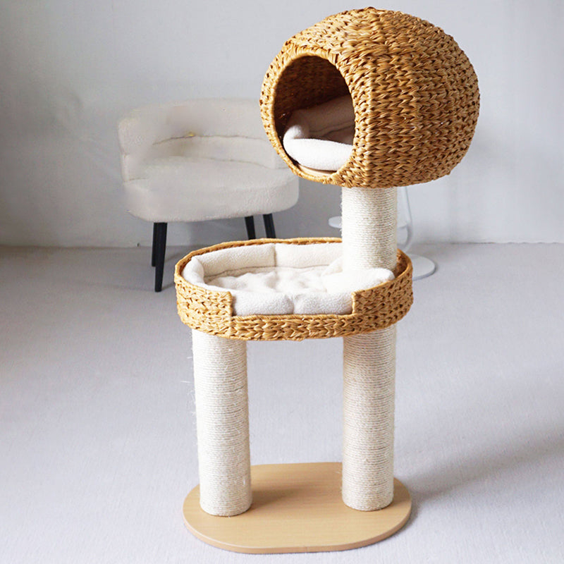 Traditional Farmhouse Round 3-Tier Cat Tree — Solid Wood Panels, PE Faux Rattan, Kraft Paper Rope, Velvet Fabric & Sisal, Multi-Layer Living Room Cat Furniture