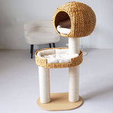 Traditional Farmhouse Round 3-Tier Cat Tree — Solid Wood Panels, PE Faux Rattan, Kraft Paper Rope, Velvet Fabric & Sisal, Multi-Layer Living Room Cat Furniture