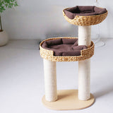 Traditional Farmhouse Round 3-Tier Cat Tree — Solid Wood Panels, PE Faux Rattan, Kraft Paper Rope, Velvet Fabric & Sisal, Multi-Layer Living Room Cat Furniture