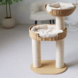 Traditional Farmhouse Round 3-Tier Cat Tree — Solid Wood Panels, PE Faux Rattan, Kraft Paper Rope, Velvet Fabric & Sisal, Multi-Layer Living Room Cat Furniture