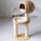 Traditional Farmhouse Round 3-Tier Cat Tree — Solid Wood Panels, PE Faux Rattan, Kraft Paper Rope, Velvet Fabric & Sisal, Multi-Layer Living Room Cat Furniture