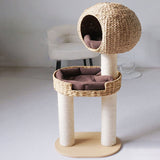 Traditional Farmhouse Round 3-Tier Cat Tree — Solid Wood Panels, PE Faux Rattan, Kraft Paper Rope, Velvet Fabric & Sisal, Multi-Layer Living Room Cat Furniture