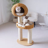 Traditional Farmhouse Round 3-Tier Cat Tree — Solid Wood Panels, PE Faux Rattan, Kraft Paper Rope, Velvet Fabric & Sisal, Multi-Layer Living Room Cat Furniture