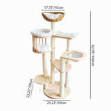Contemporary Scandinavian Round Cat Tree – 5-Tier, Solid Pine, Faux Rattan, Velvet Fabric & Kraft Paper Rope for Living Room