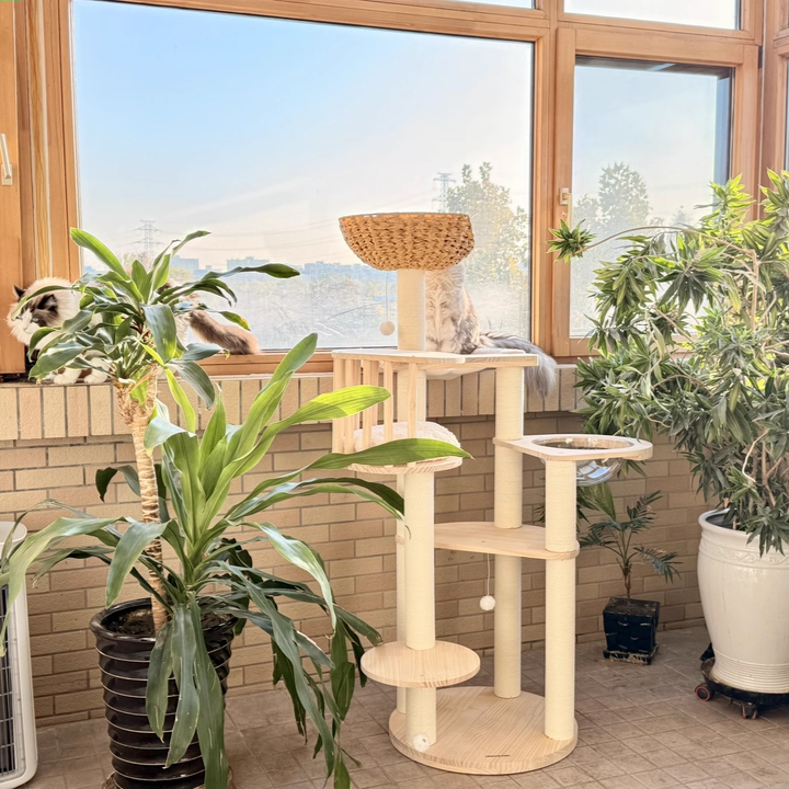 Contemporary Scandinavian Round Cat Tree – 5-Tier, Solid Pine, Faux Rattan, Velvet Fabric & Kraft Paper Rope for Living Room