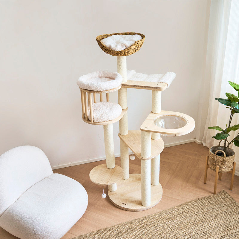 Contemporary Scandinavian Round Cat Tree – 5-Tier, Solid Pine, Faux Rattan, Velvet Fabric & Kraft Paper Rope for Living Room