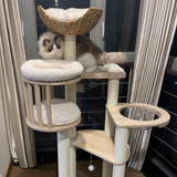 Contemporary Scandinavian Round Cat Tree – 5-Tier, Solid Pine, Faux Rattan, Velvet Fabric & Kraft Paper Rope for Living Room