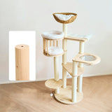 Contemporary Scandinavian Round Cat Tree – 5-Tier, Solid Pine, Faux Rattan, Velvet Fabric & Kraft Paper Rope for Living Room