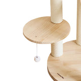 Contemporary Scandinavian Round Cat Tree – 5-Tier, Solid Pine, Faux Rattan, Velvet Fabric & Kraft Paper Rope for Living Room