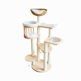 Contemporary Scandinavian Round Cat Tree – 5-Tier, Solid Pine, Faux Rattan, Velvet Fabric & Kraft Paper Rope for Living Room