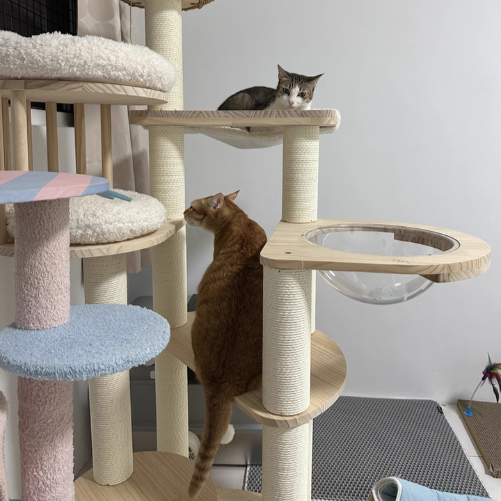 Contemporary Scandinavian Round Cat Tree – 5-Tier, Solid Pine, Faux Rattan, Velvet Fabric & Kraft Paper Rope for Living Room