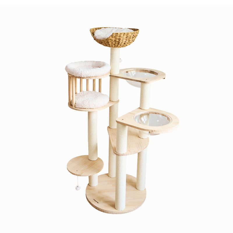 Contemporary Scandinavian Round Cat Tree – 5-Tier, Solid Pine, Faux Rattan, Velvet Fabric & Kraft Paper Rope for Living Room