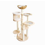 Contemporary Scandinavian Round Cat Tree – 5-Tier, Solid Pine, Faux Rattan, Velvet Fabric & Kraft Paper Rope for Living Room