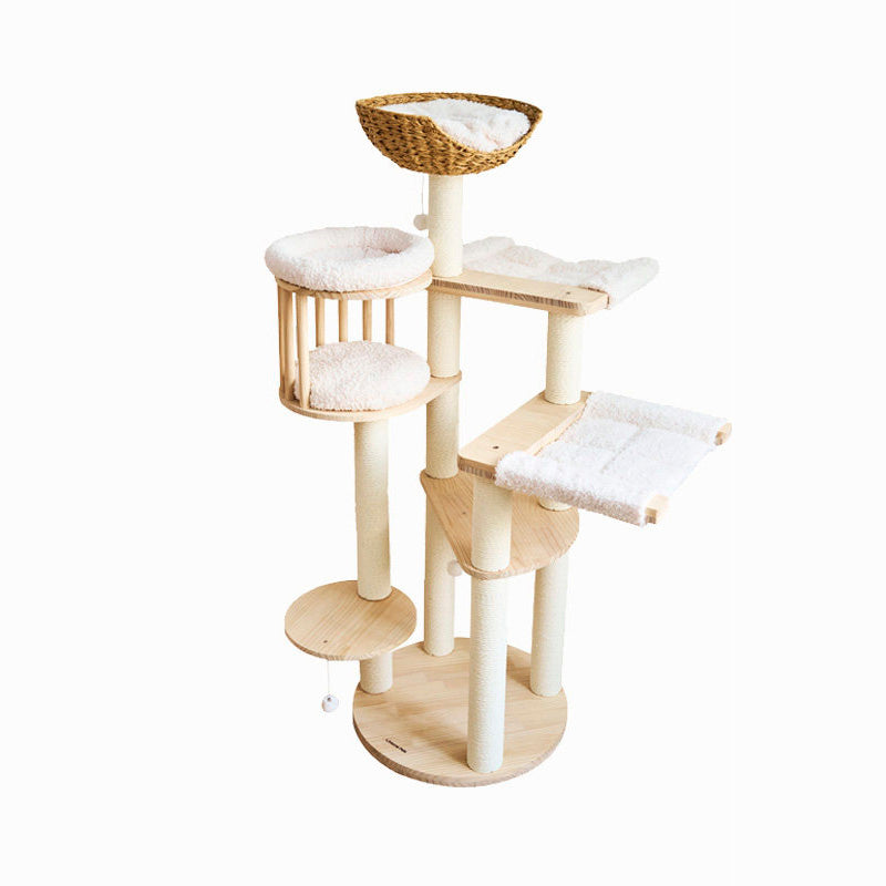 Contemporary Scandinavian Round Cat Tree – 5-Tier, Solid Pine, Faux Rattan, Velvet Fabric & Kraft Paper Rope for Living Room