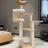 Contemporary Scandinavian Round Cat Tree – 5-Tier, Solid Pine, Faux Rattan, Velvet Fabric & Kraft Paper Rope for Living Room
