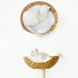 Contemporary Scandinavian Round Cat Tree – 5-Tier, Solid Pine, Faux Rattan, Velvet Fabric & Kraft Paper Rope for Living Room