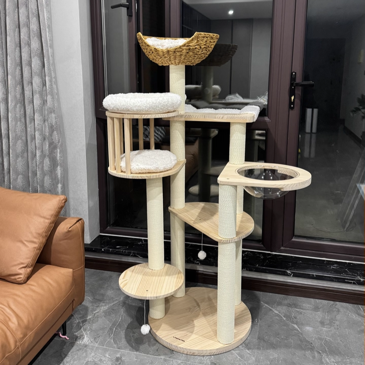 Contemporary Scandinavian Round Cat Tree – 5-Tier, Solid Pine, Faux Rattan, Velvet Fabric & Kraft Paper Rope for Living Room
