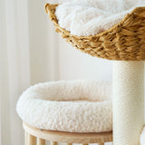 Contemporary Scandinavian Round Cat Tree – 5-Tier, Solid Pine, Faux Rattan, Velvet Fabric & Kraft Paper Rope for Living Room