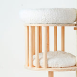 Contemporary Scandinavian Round Cat Tree – 5-Tier, Solid Pine, Faux Rattan, Velvet Fabric & Kraft Paper Rope for Living Room