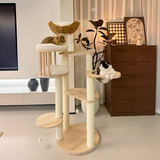 Contemporary Scandinavian Round Cat Tree – 5-Tier, Solid Pine, Faux Rattan, Velvet Fabric & Kraft Paper Rope for Living Room