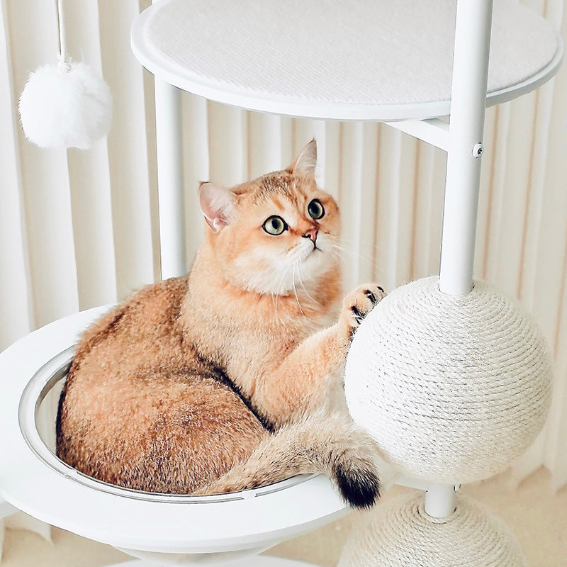 Stylish Contemporary Scandinavian Round Cat Tree – 5-Tier, Solid Pine & MDF with Iron, Sisal & Acrylic Accents for Living Room
