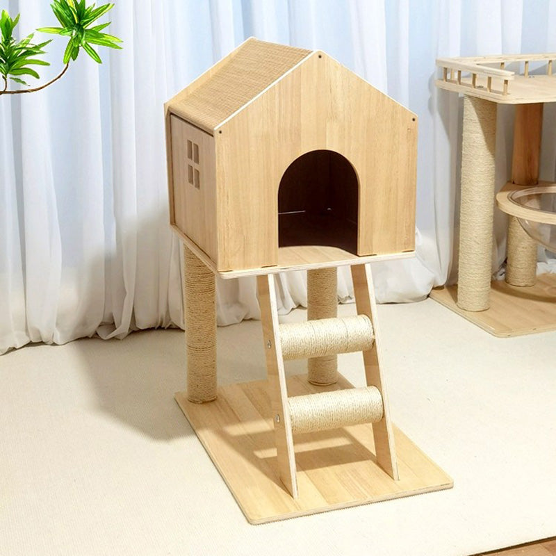 Scandinavian-Style Rectangular Solid-Wood Cat Tree with Hemp Rope, 2-Tier Multi-Layer Design for Living Room