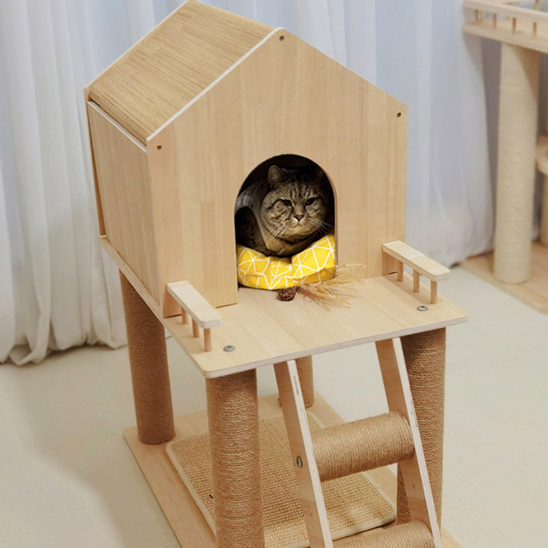 Scandinavian-Style Rectangular Solid-Wood Cat Tree with Hemp Rope, 2-Tier Multi-Layer Design for Living Room