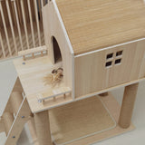 Scandinavian-Style Rectangular Solid-Wood Cat Tree with Hemp Rope, 2-Tier Multi-Layer Design for Living Room