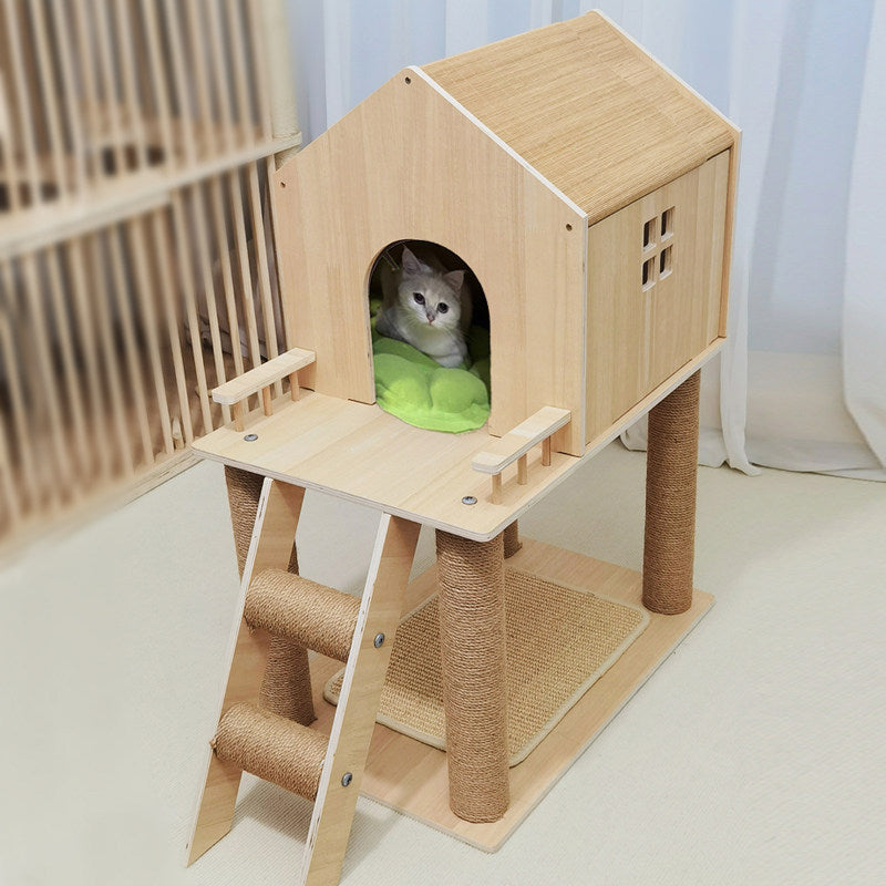 Scandinavian-Style Rectangular Solid-Wood Cat Tree with Hemp Rope, 2-Tier Multi-Layer Design for Living Room