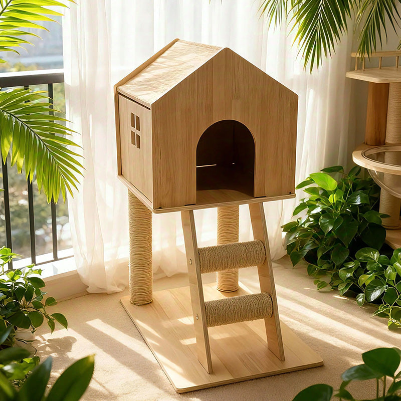 Scandinavian-Style Rectangular Solid-Wood Cat Tree with Hemp Rope, 2-Tier Multi-Layer Design for Living Room