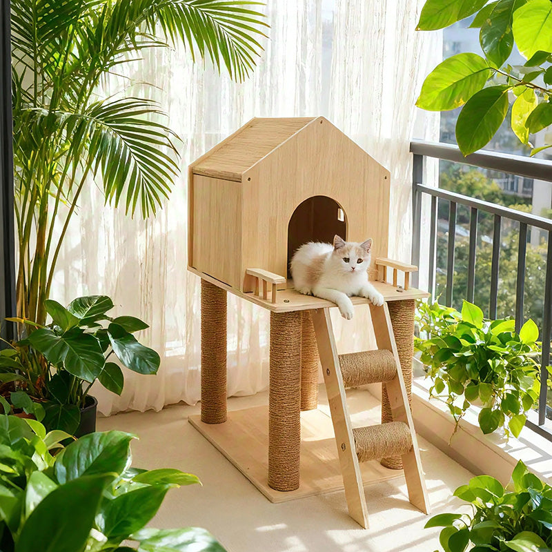 Scandinavian-Style Rectangular Solid-Wood Cat Tree with Hemp Rope, 2-Tier Multi-Layer Design for Living Room