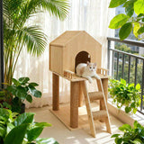Scandinavian-Style Rectangular Solid-Wood Cat Tree with Hemp Rope, 2-Tier Multi-Layer Design for Living Room